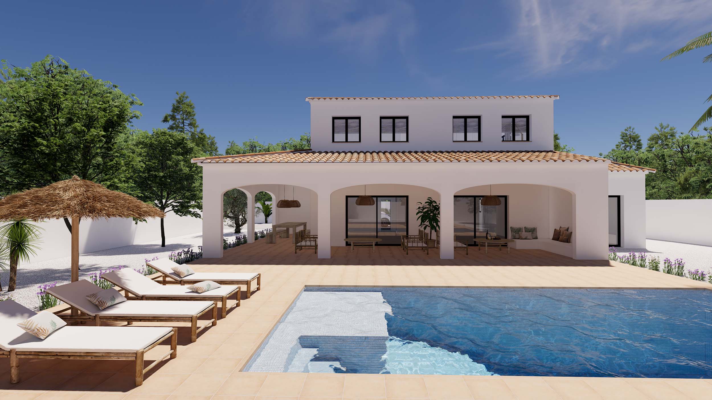 Außenansicht der Villa mit Mosaikpool, Holz-Sonnenliegen und einer großzügigen Rundbogen-Terrasse mit Terrakottaboden und Sitzbereichen.