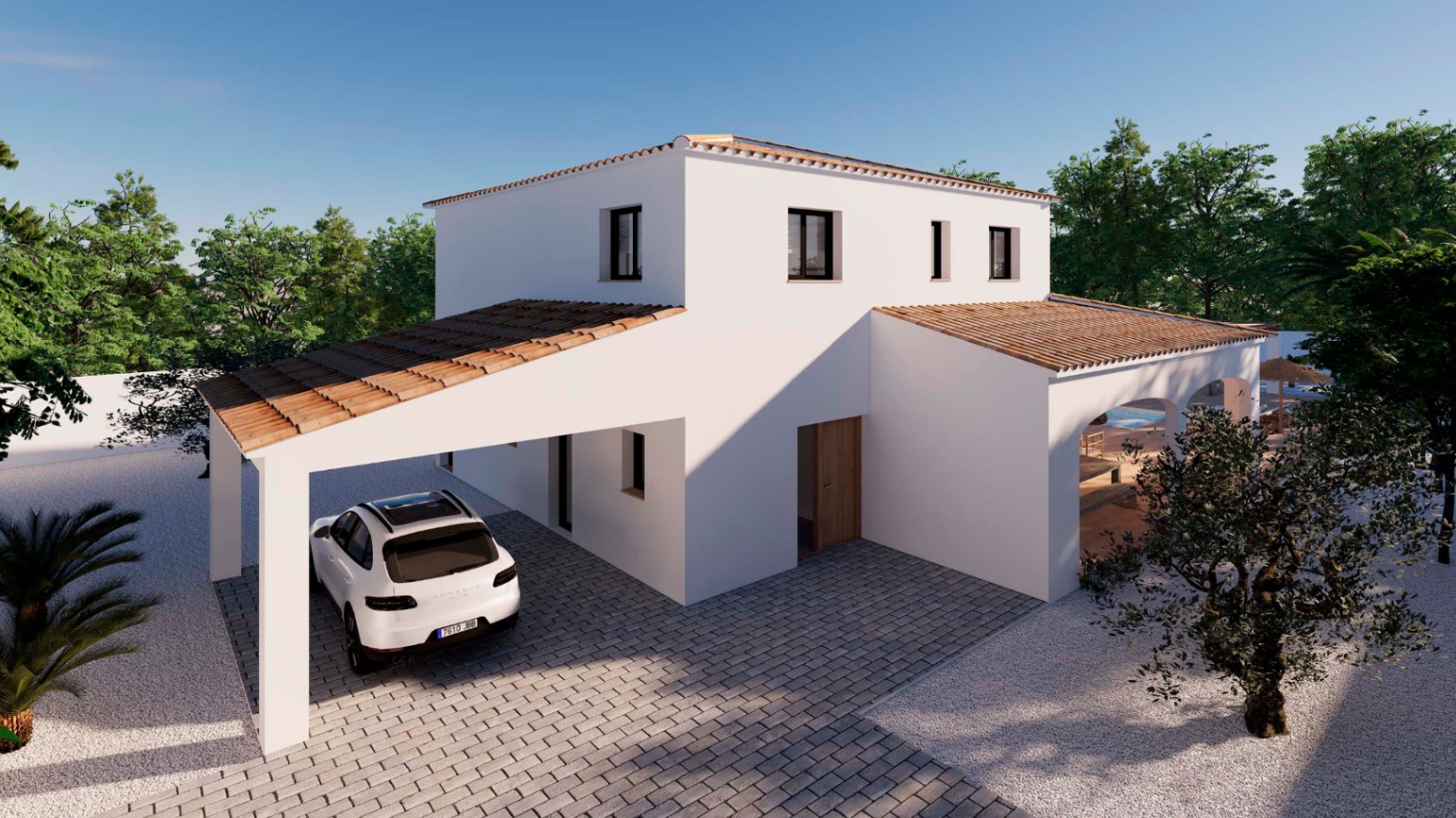 Außenansicht der weißen Villa mit traditionellen Ziegeldächern, einem überdachten Carport und einer gepflasterten Einfahrt inmitten einer Gartenanlage.