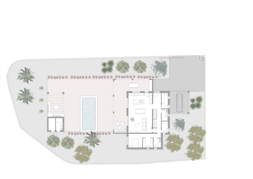 Detaillierter Grundriss des Erdgeschosses mit Darstellung des offenen Wohn-Essbereichs, der Küche, der Poolterrasse und der gestalteten Gartenanlage.
