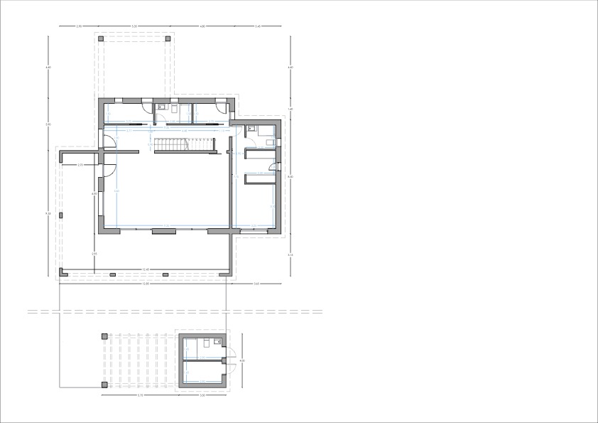 Detaillierter technischer Grundriss des Untergeschosses mit Weinkeller, Garagenzugang, Treppenhaus und dem Außenbereich inklusive Pergola-Konstruktion.