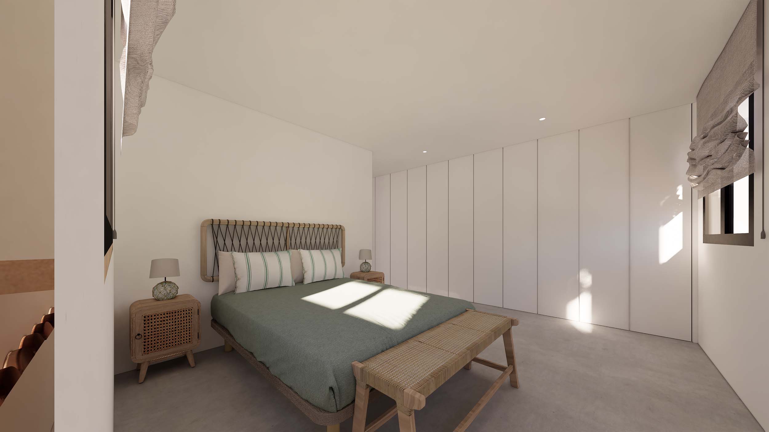 Minimalistisches Schlafzimmer mit weißen Einbauschränken, geflochtenem Seil-Kopfteil und Nachttischen aus Naturholz mit Wiener Geflecht.