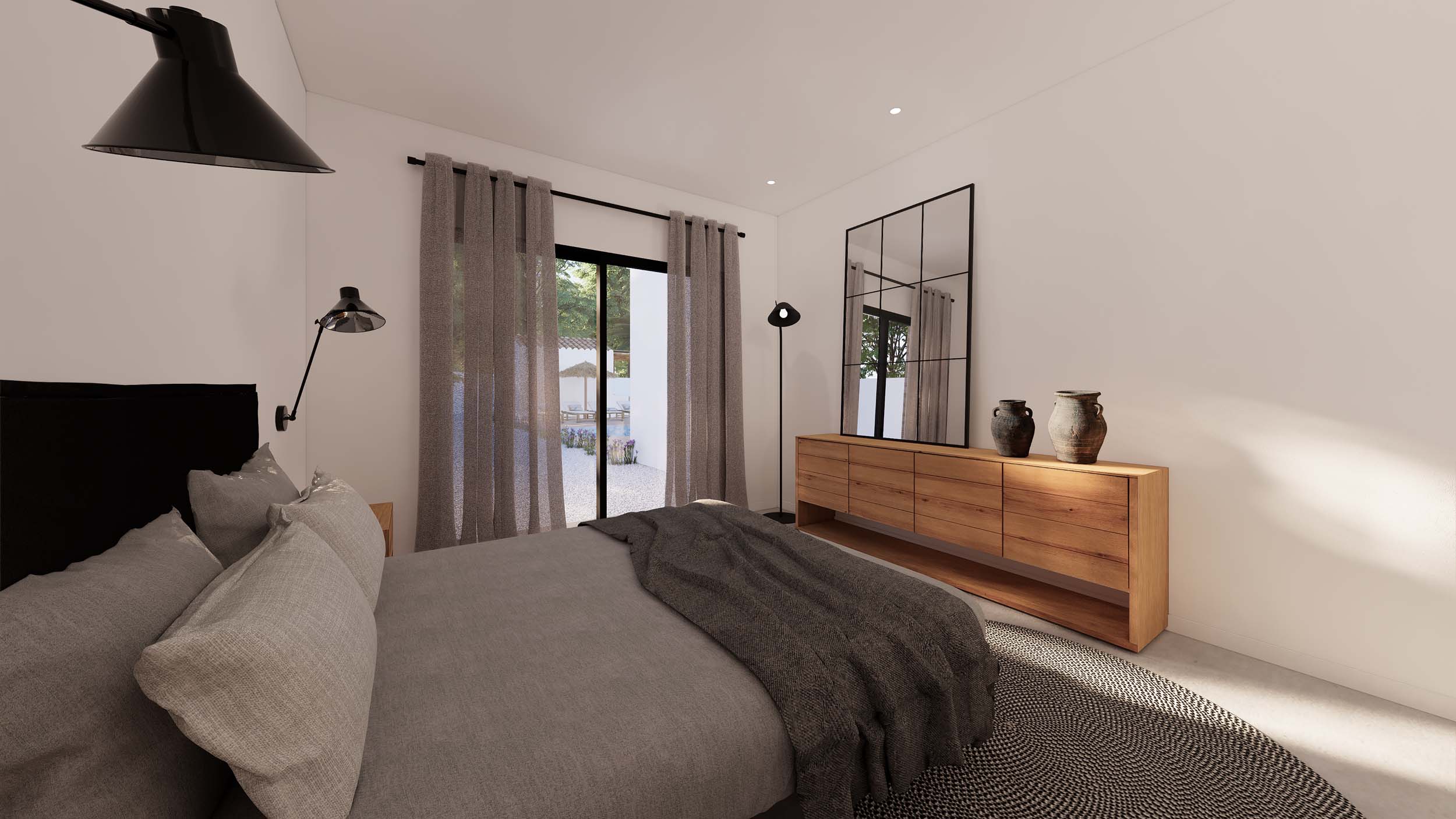 Schlafzimmer mit Sideboard aus Naturholz, Industriespiegel und direktem Gartenzugang durch große Glasschiebetüren mit Leinenvorhängen.