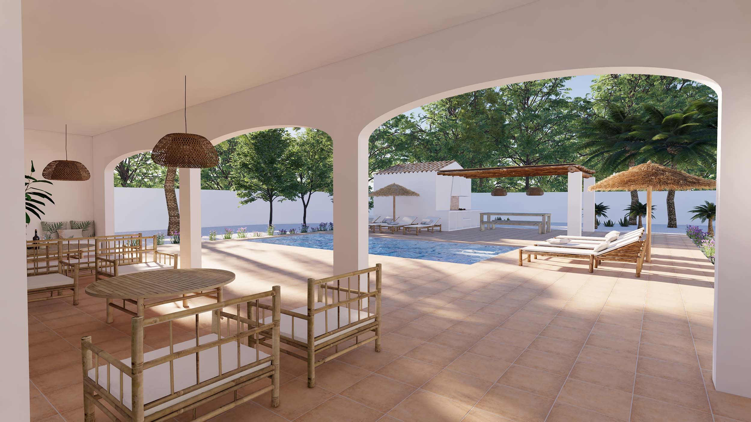Überdachte Rundbogenterrasse mit Bambusmöbeln und Blick auf den Poolbereich sowie die Außenküche mit Holzpergola und mediterranem Garten.