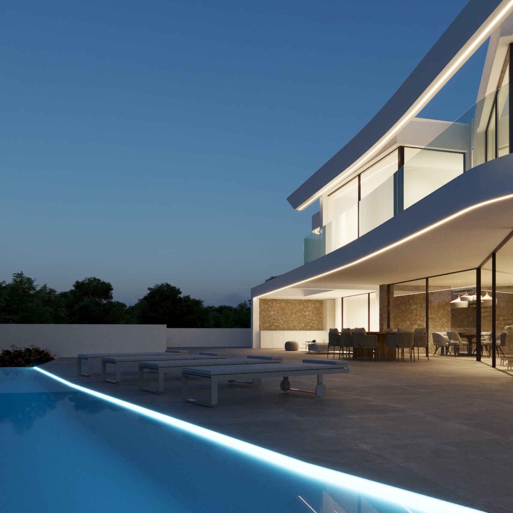 Außen-Terrasse mit LED-beleuchtetem Infinity-Pool, Sonnenliegen und überdachtem Essbereich, ergänzt durch eine moderne Fassade mit Natursteinakzenten.