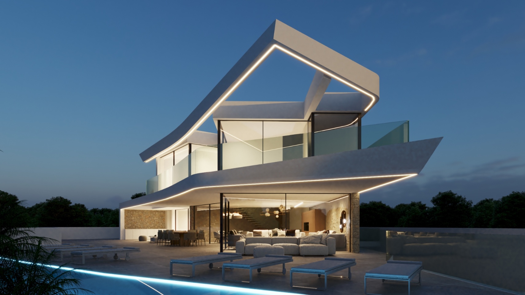 Avantgardistische Fassade mit LED-Profilen, weitläufigen Steinterrassen, Glasgeländern und einem Außenwohnbereich mit Blick auf den Infinity-Pool.
