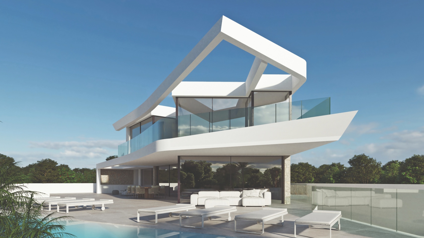 Avantgardistische Villa mit geometrischen weißen Formen, großflächigen Glasfronten und einer weitläufigen Poolterrasse inklusive modernem Loungebereich und Sonnenliegen.
