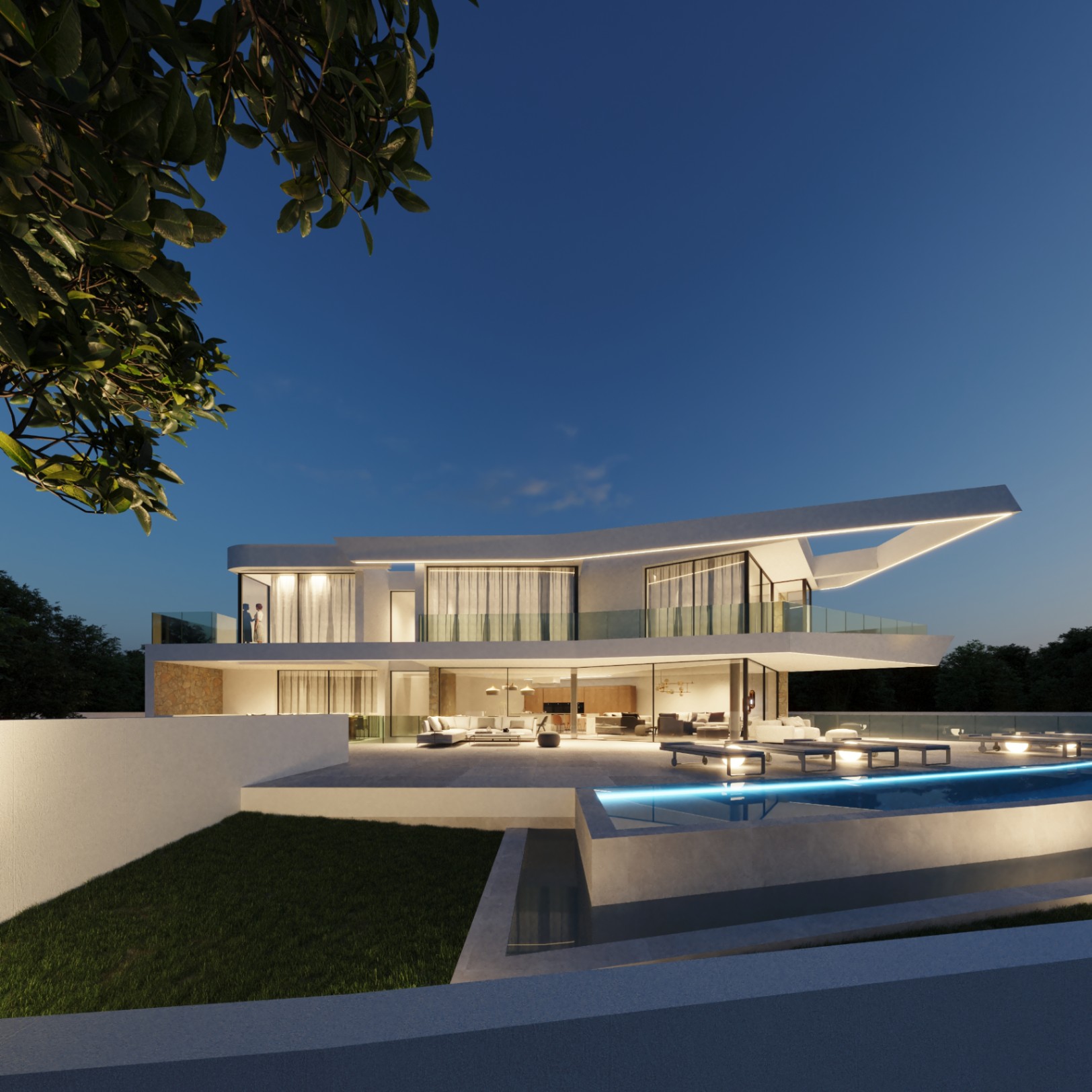 Moderne Fassade in der Dämmerung mit linearer LED-Beleuchtung, beleuchtetem Infinity-Pool und großflächigen Glasfronten, die den offenen Wohnbereich zeigen.