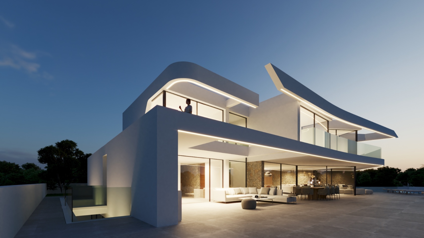 Moderne Fassade mit geschwungenen Linien und integrierter LED-Beleuchtung, großzügiger Terrasse mit Loungebereich und Natursteinwänden im Innenraum.