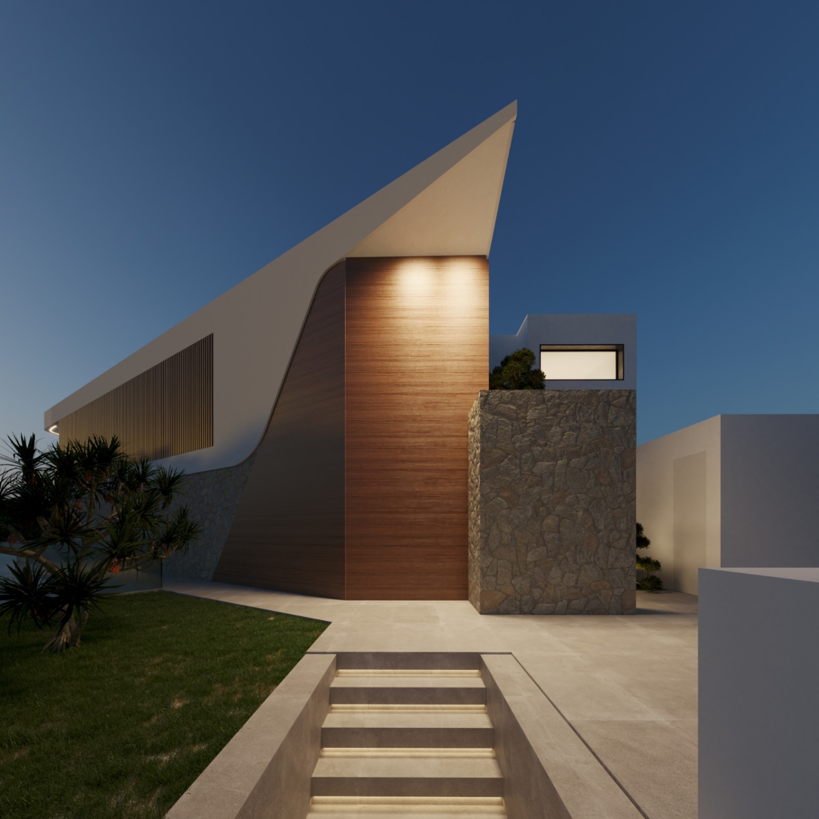 Moderne Fassade mit Natursteinwänden, Holzpaneelen und LED-beleuchteten Betonstufen unter einer markanten, winkligen Dachkonstruktion.