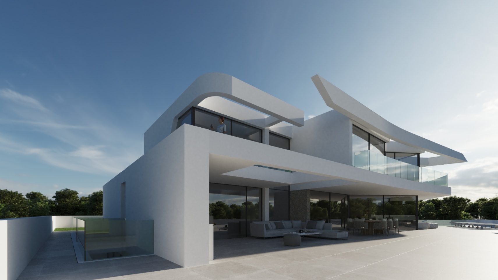 Moderne weiße Architektur mit auskragenden Dachelementen, Glasgeländern und einer weitläufigen Terrasse inklusive Lounge- und Essbereich.