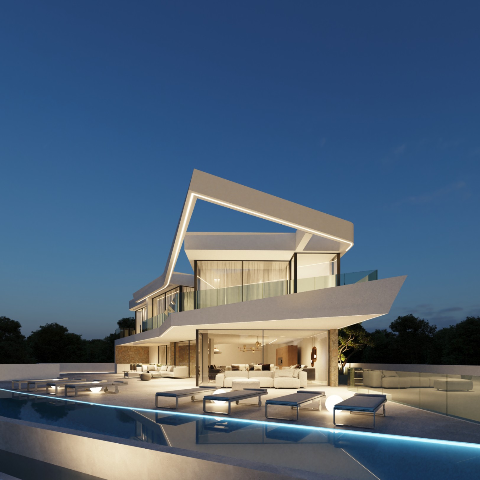 Nachtansicht der geometrischen Fassade mit integrierter LED-Beleuchtung, Infinity-Pool und Designer-Terrassenmöbeln vor dem verglasten Wohnbereich.