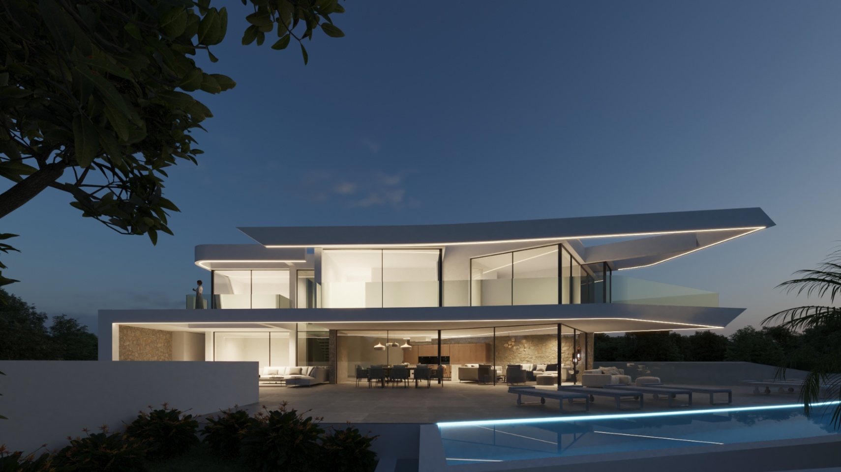 Nächtliche Fassadenansicht mit LED-beleuchteten Auskragungen, bodentiefen Glasfronten und einem in die Hauptterrasse integrierten Infinity-Pool.