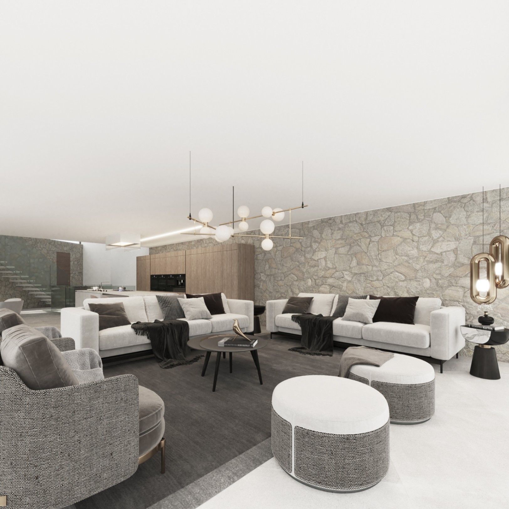 Offener Wohnbereich mit Natursteinwand, Designer-Sofas und einer integrierten Holzküche mit modernster Ausstattung.