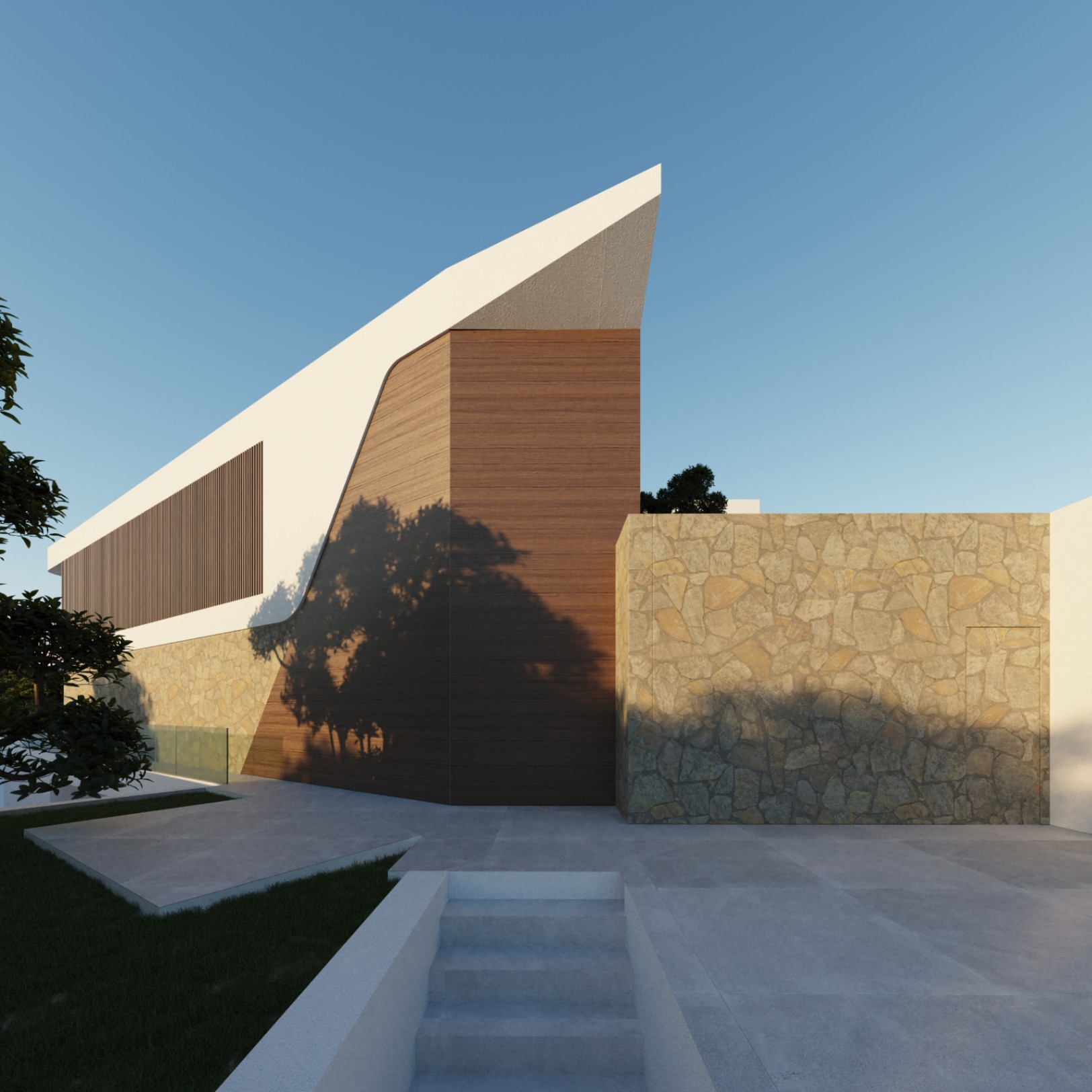 Zeitgenössische Fassade mit Natursteinwänden, Holzpaneelen und markanten weißen Dachüberständen, geprägt durch geometrische Linien und natürliches Licht.
