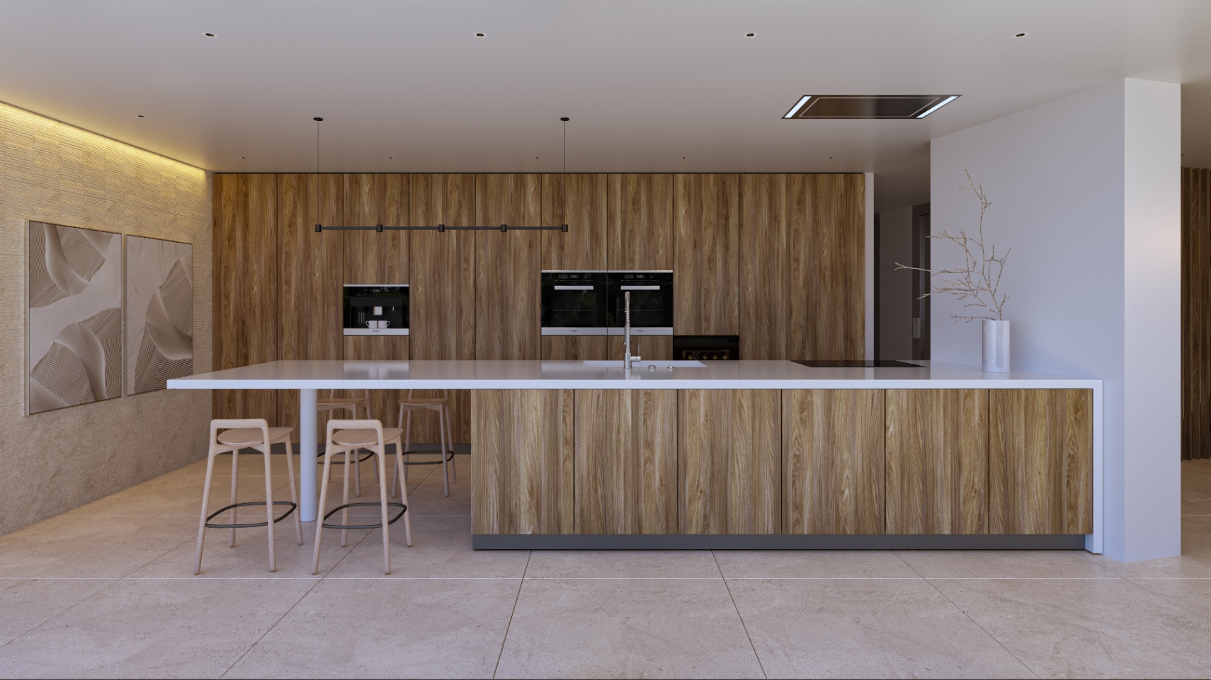 Designerküche mit weißer Kochinsel und integrierten Holzschränken. Ausgestattet mit hochwertigen Einbaugeräten, indirekter LED-Beleuchtung und großformatigen Feinsteinzeugfliesen.