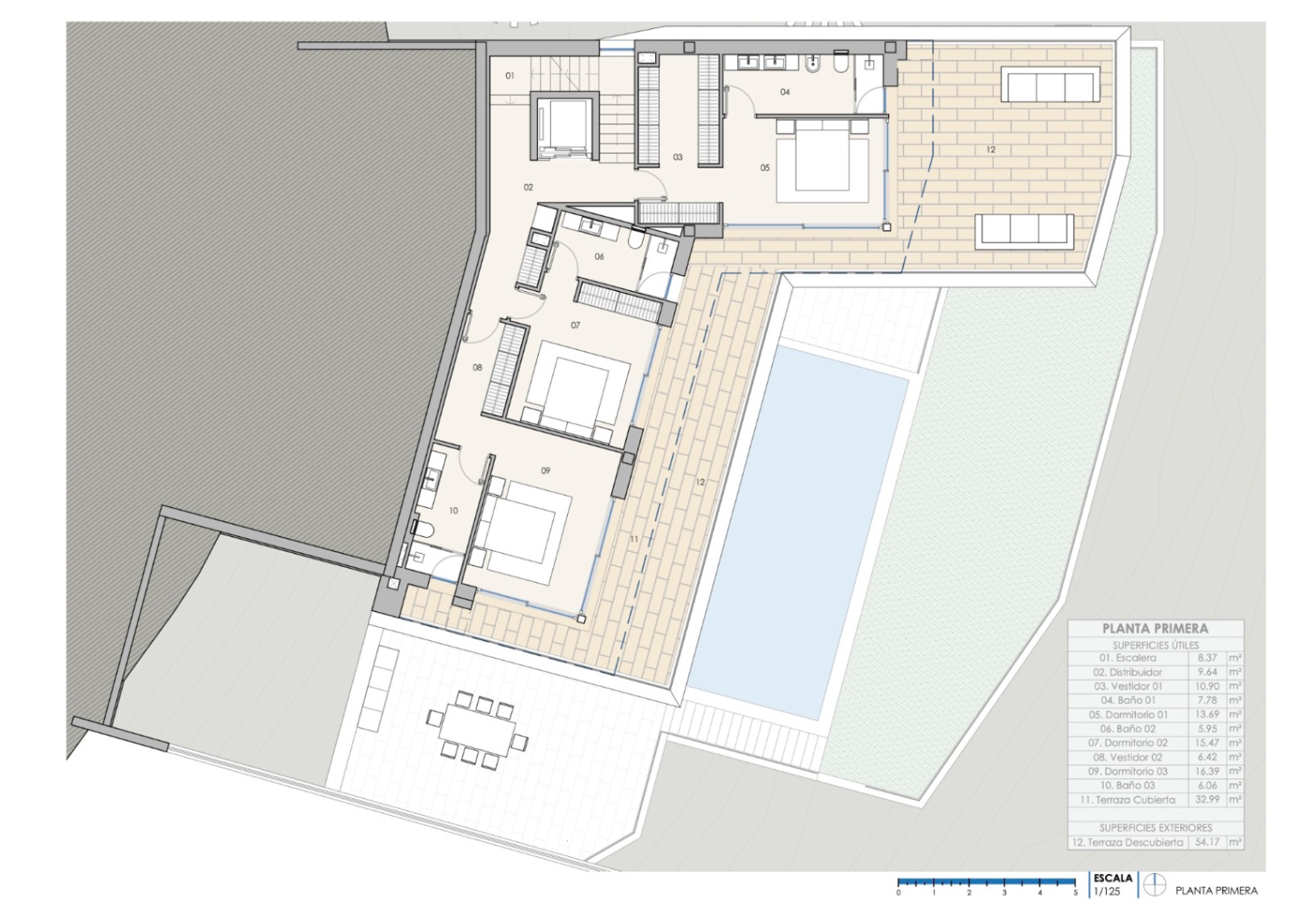 Detaillierter Grundriss des ersten Stocks mit drei Schlafzimmern mit eigenem Bad, Ankleidezimmern und direktem Zugang zur großen Terrasse und zum Pool.