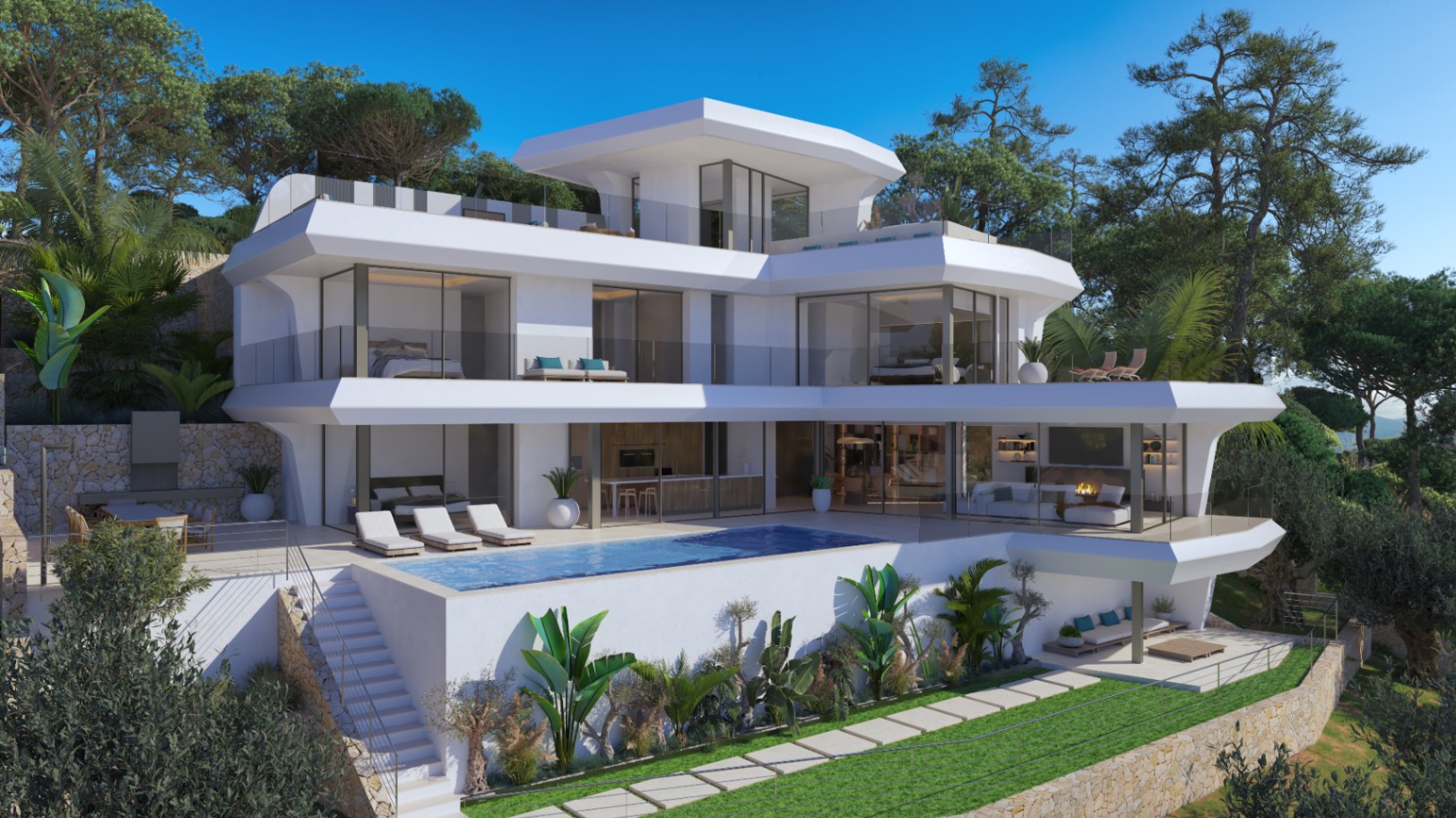 Moderne vierstöckige Fassade mit geometrischen weißen Linien, bodentiefen Fenstern, Infinity-Pool und Terrassen mit Glasgeländern in Hanglage.