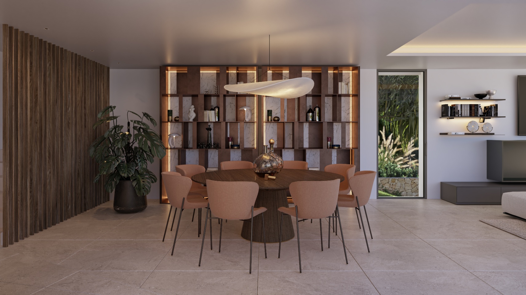 Moderner Essbereich mit rundem dunklem Holztisch, terracottafarbenen Stühlen und einem hinterleuchteten Designregal mit Marmorrückwand und Holzdetails.