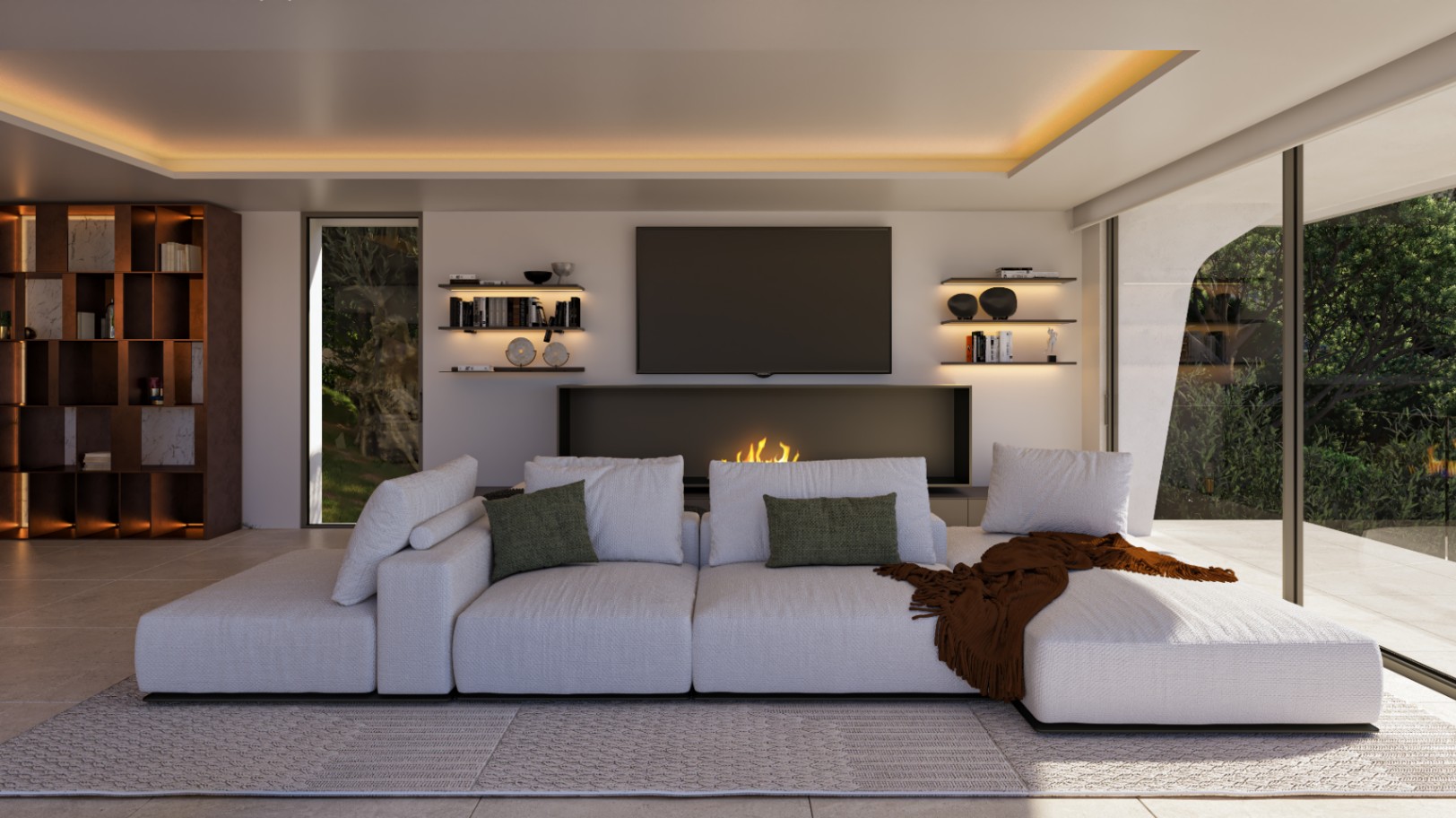 Modernes Wohnzimmer mit weißem Modulsofa, integriertem Kamin und hinterleuchteten Regalen. Bodentiefe Glasfronten verbinden den Innenraum mit der Außenterrasse.