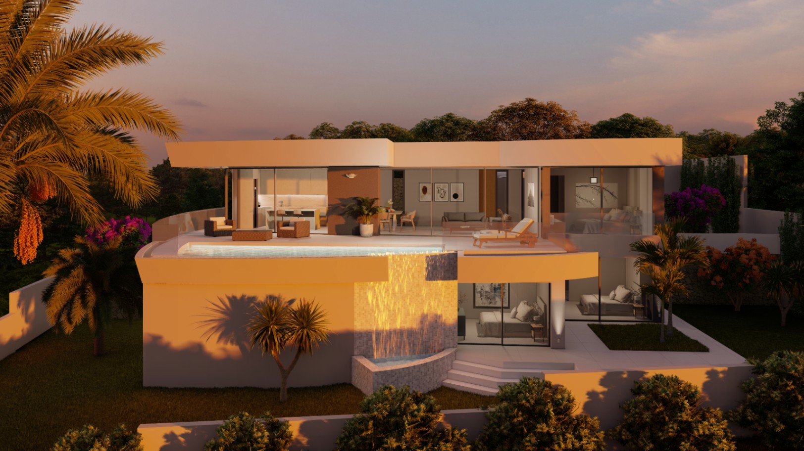 Außenansicht der modernen Villa bei Dämmerung mit Infinity-Pool und Wasserfall, bodentiefen Glasfronten und mediterranem Garten mit Palmen.