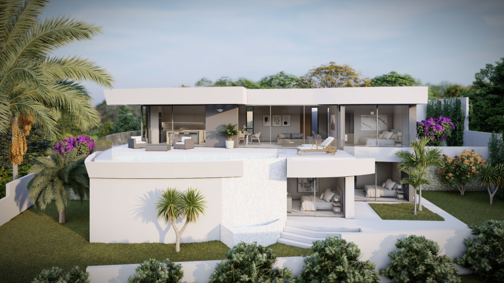 Außenansicht der modernen weißen Villa mit Infinity-Pool auf der oberen Ebene, Glasgeländern und bodentiefen Fenstern, die den Blick auf den Garten freigeben.