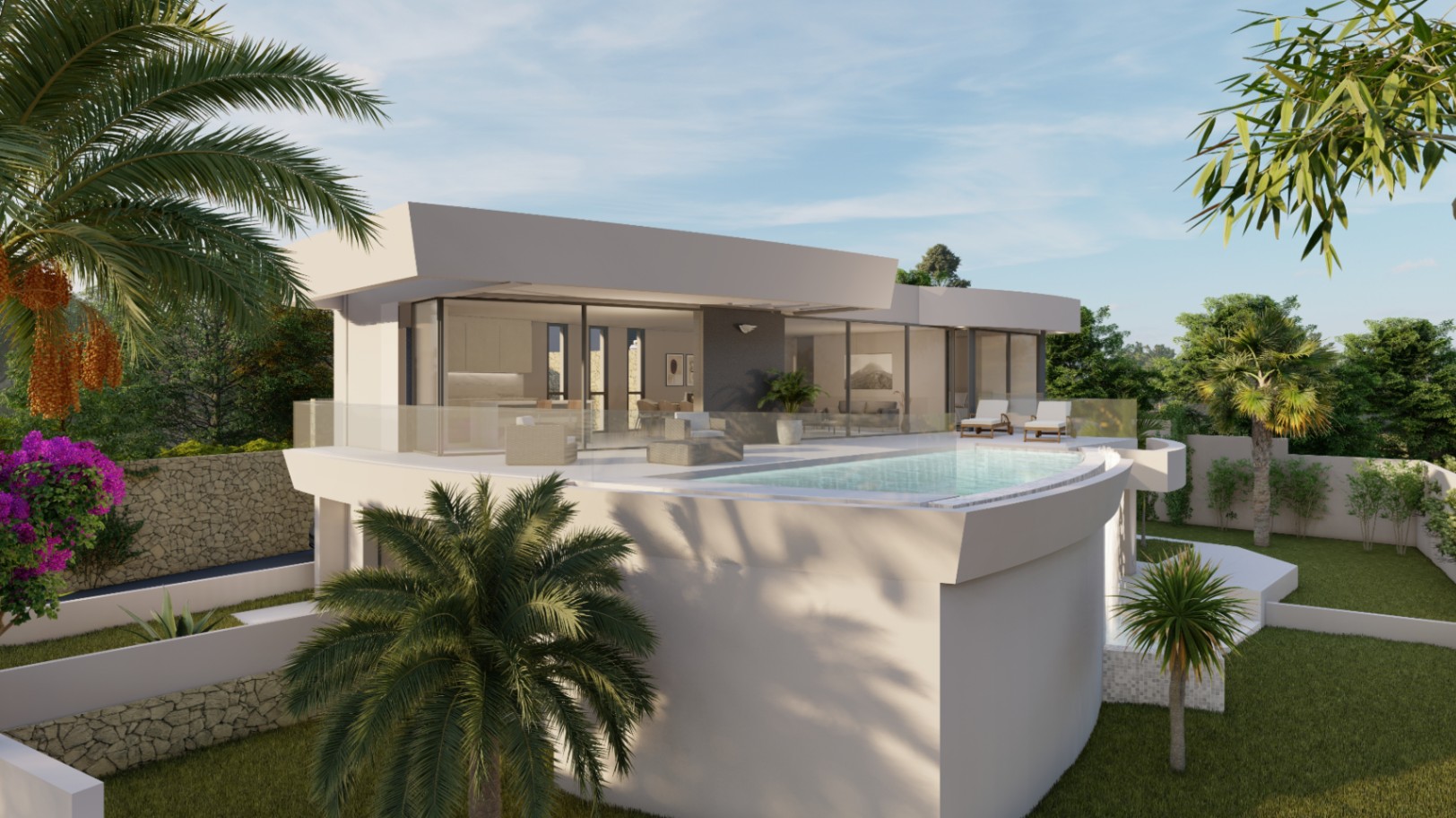 Außenansicht der Villa mit geschwungenem Infinity-Pool, großzügiger Terrasse mit Glasgeländer und mediterranem Garten mit Palmen und Natursteinmauern.