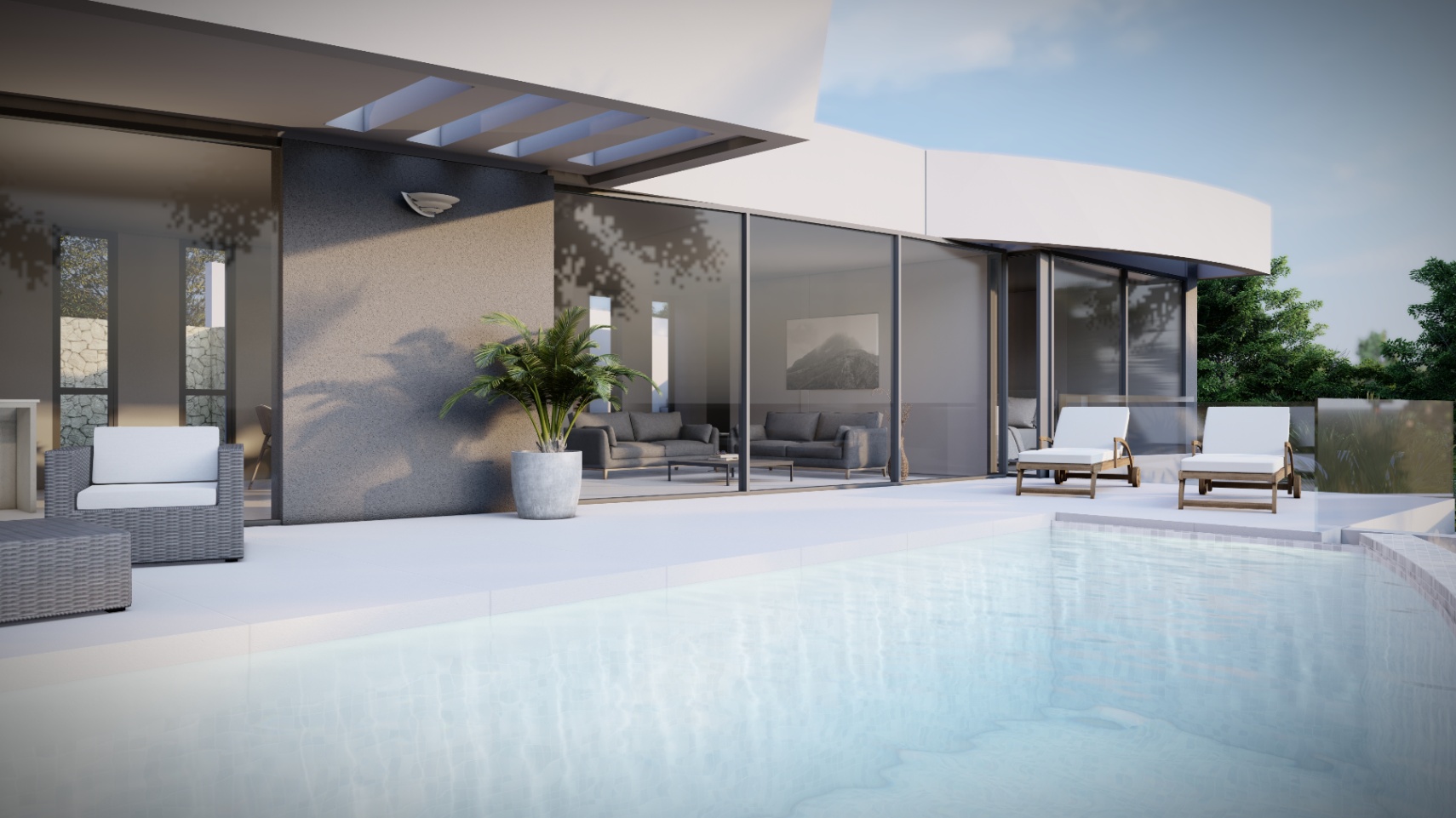 Außenbereich mit Infinity-Pool und minimalistischen Loungemöbeln, der durch bodentiefe Glasfronten fließend in den Wohnbereich übergeht.