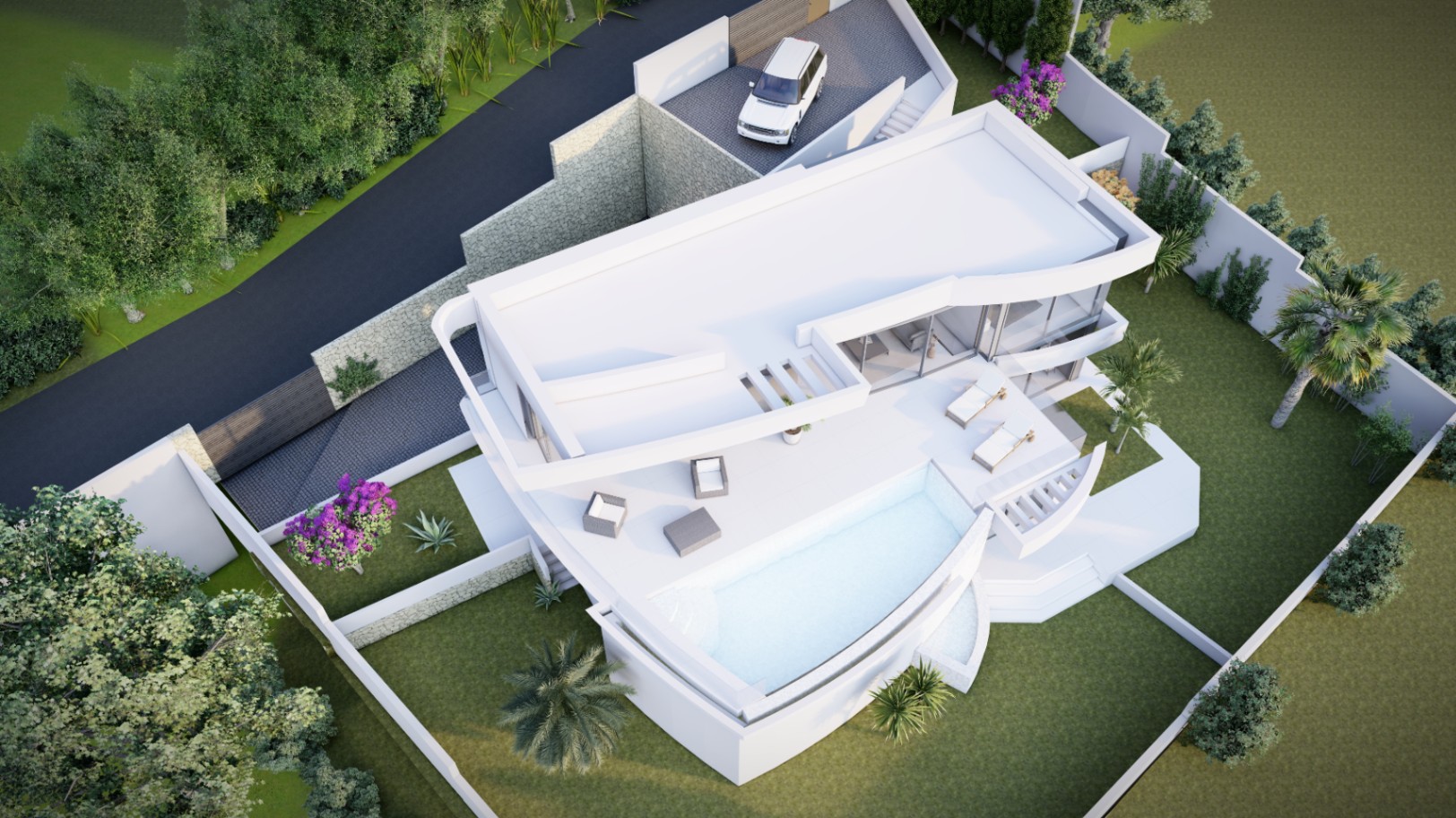 Luftansicht der modernen Villa mit weißem geometrischem Design, geschwungenem Infinity-Pool, Sonnenterrassen und ummauertem Grundstück mit Gartenanlagen und Zufahrt.