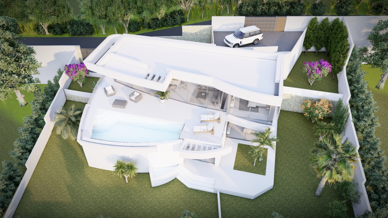 Luftaufnahme der modernen Villa mit Infinity-Pool, weitläufigen Terrassen und angelegtem Garten. Das Anwesen umfasst private Parkplätze und Natursteinmauern.
