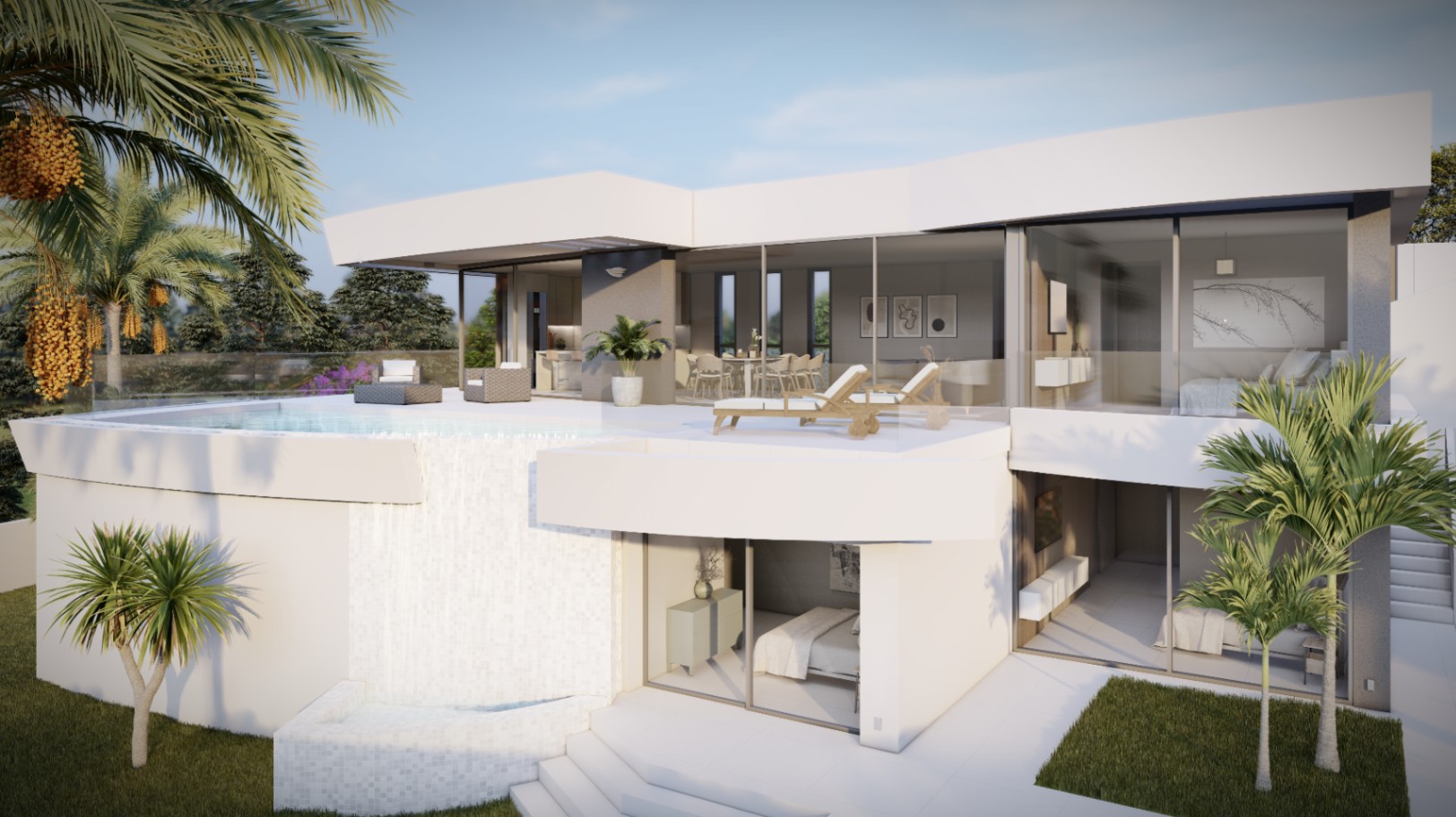 Moderne zweistöckige Villa mit Infinity-Pool und integriertem Wasserfall. Bodentiefe Glasfronten verbinden die offenen Wohnbereiche und Schlafzimmer mit den Terrassen.