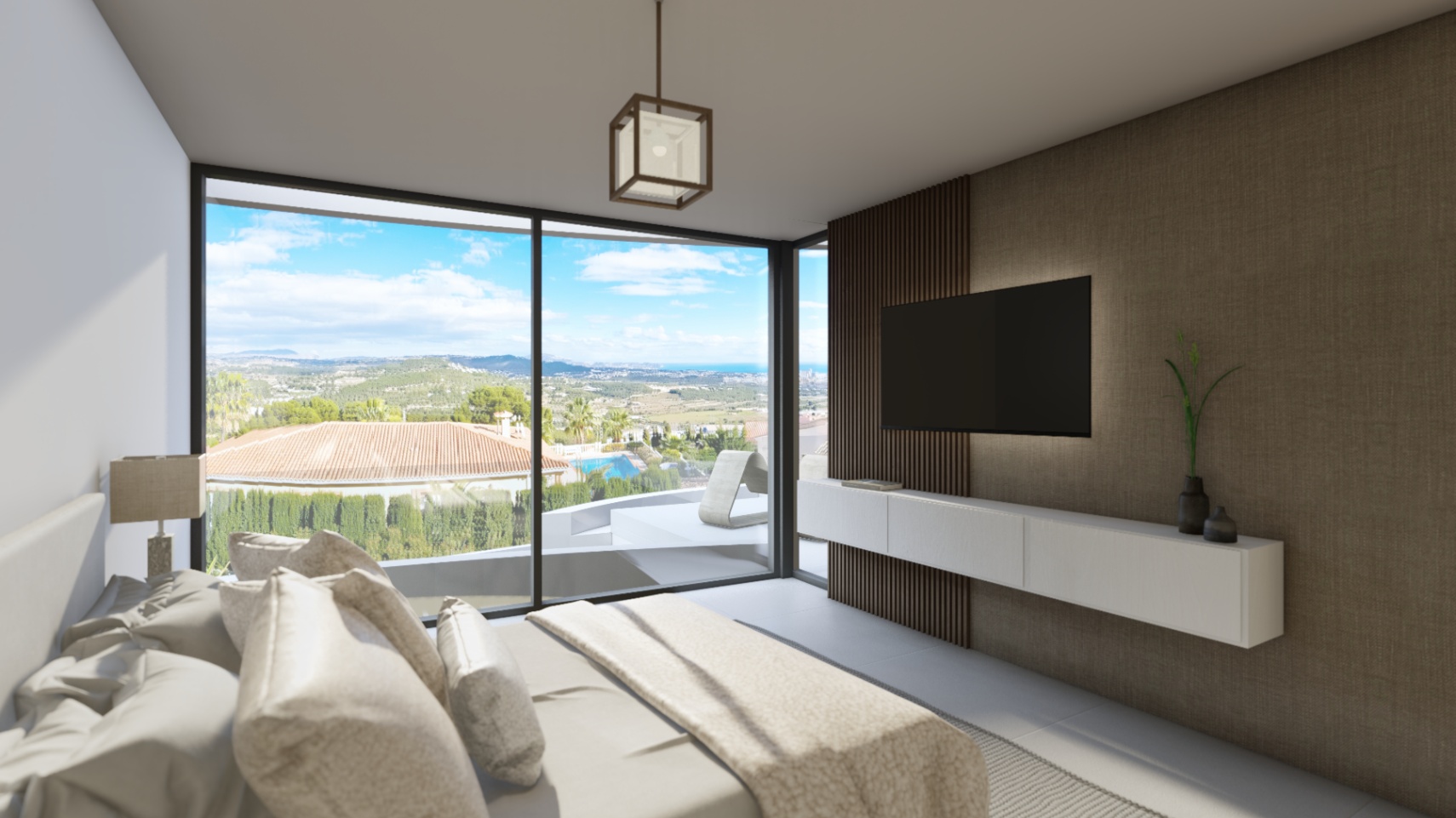 Modernes Schlafzimmer mit bodentiefen Glasfronten, Panoramablick auf das Tal, strukturierter Akzentwand mit Holzlamellen und schwebendem Sideboard.