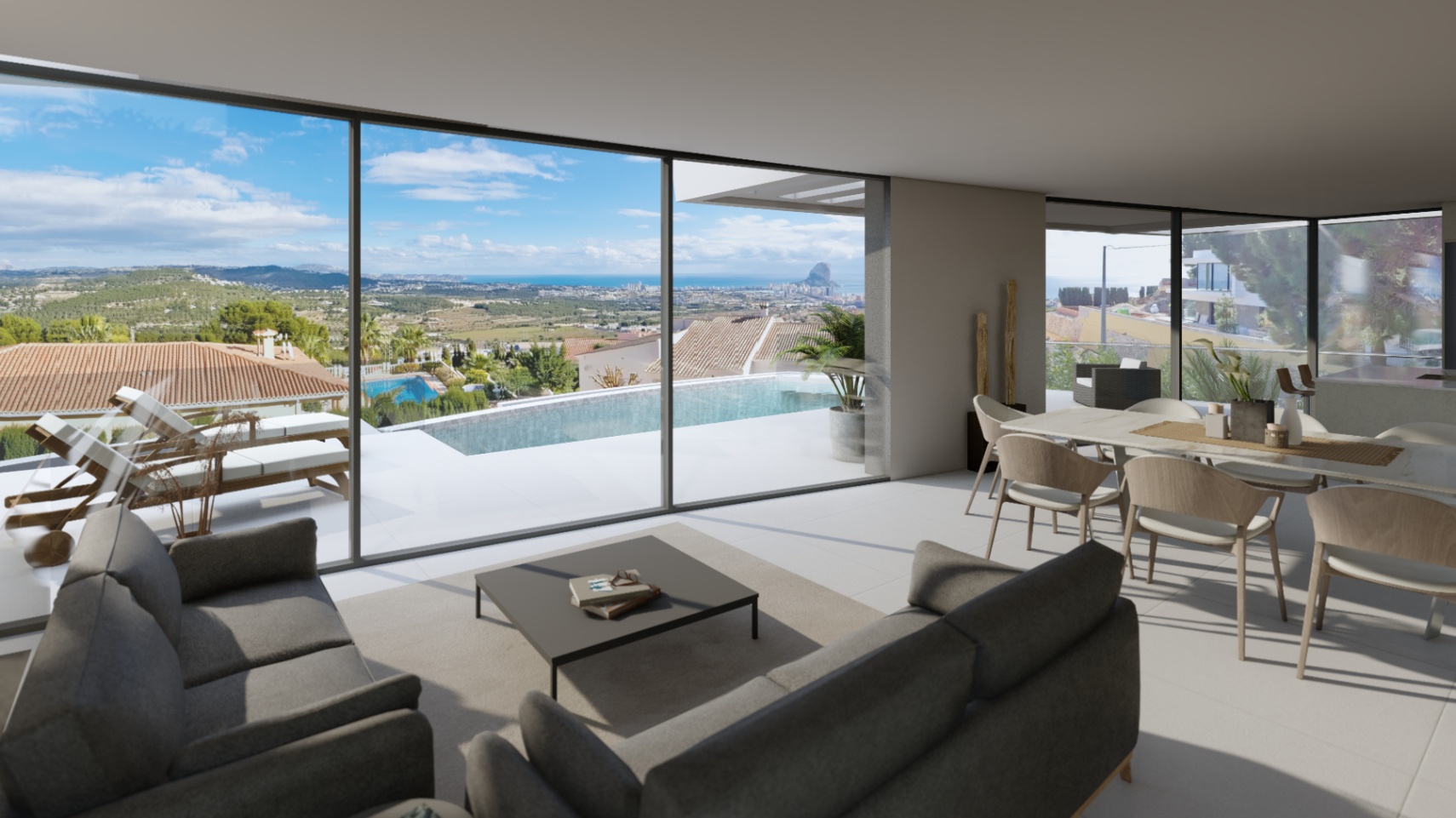 Offener Wohn- und Essbereich mit bodentiefen Glasfronten, Panoramablick auf das Mittelmeer, den Peñón de Ifach und den angrenzenden Infinity-Pool.