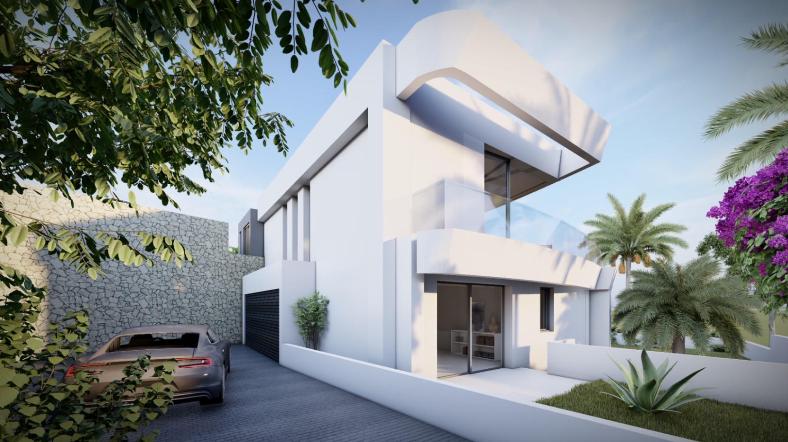 Seitenansicht der Villa mit weißer geometrischer Architektur, privater Garage, Natursteinmauern und mediterraner Bepflanzung mit Palmen.