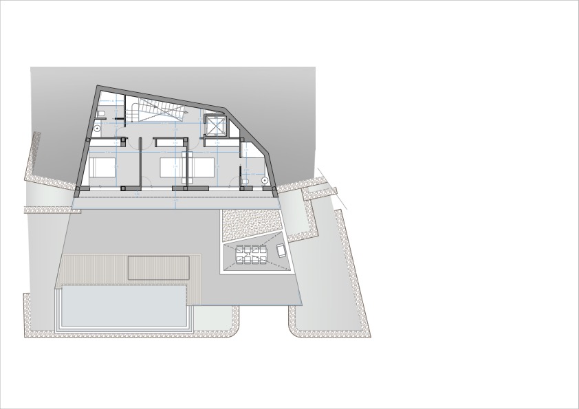 Architektonischer Plan, der die Aufteilung der Villa zeigt, einschließlich Schlafzimmer, Pool und Terrasse.