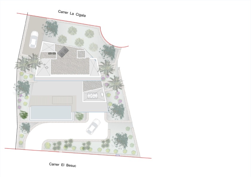 Architektonischer Plan der Villa mit Pool, Terrassen und Gärten in Benissa, Costa Blanca.