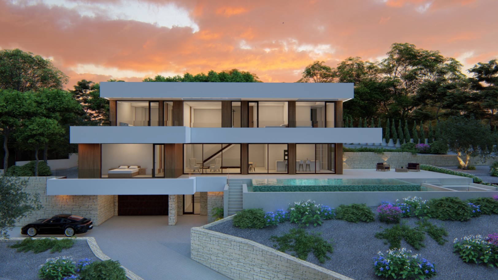 Außenansicht der dreistöckigen Villa mit minimalistischer Architektur, bodentiefen Glasfronten, Infinity-Pool und Natursteinmauern bei Sonnenuntergang.