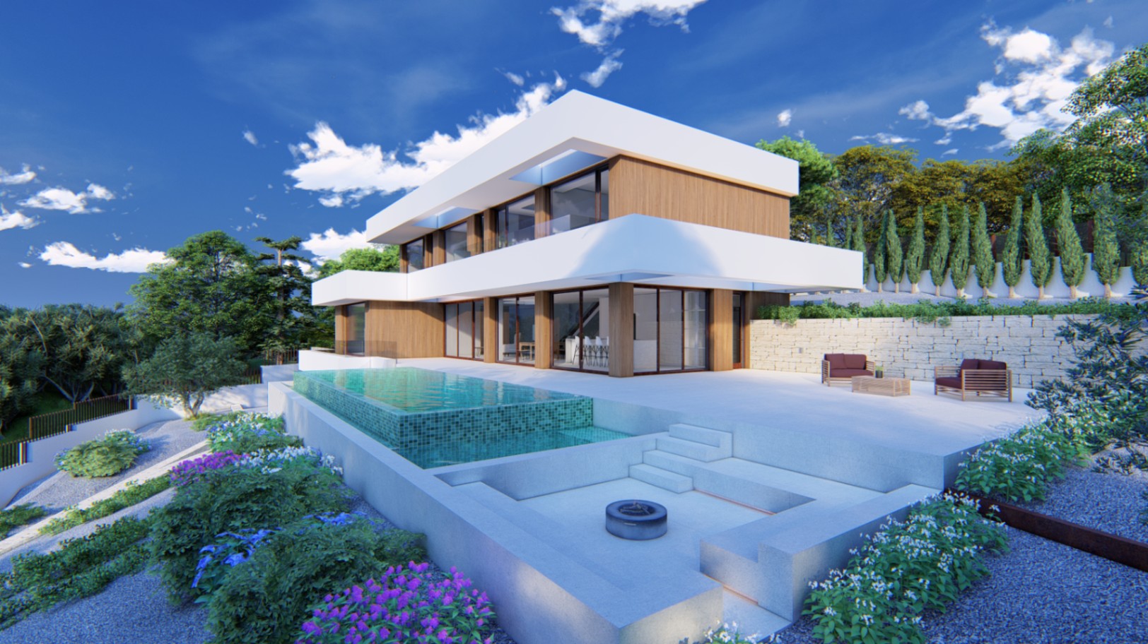 Außenansicht der modernen Villa mit Holzfassade, Infinity-Pool und abgesenktem Loungebereich mit Feuerstelle inmitten mediterraner Gartenanlagen.