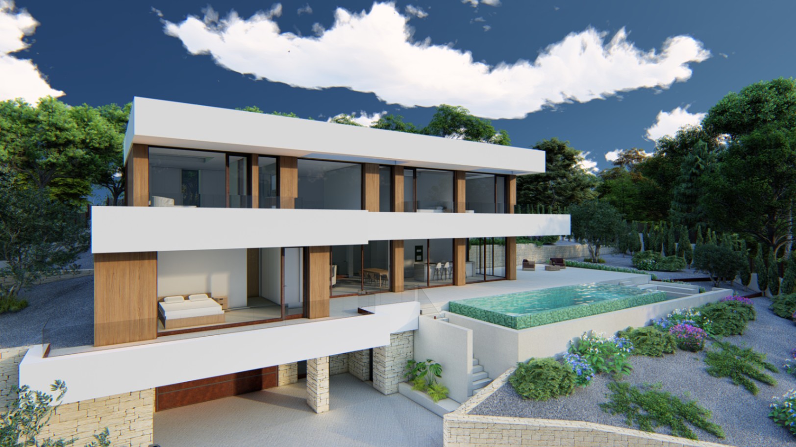 Dreistöckige moderne Fassade mit Holz- und Steinakzenten, einem Infinity-Pool und bodentiefen Glasfronten in einer mediterran gestalteten Gartenanlage.