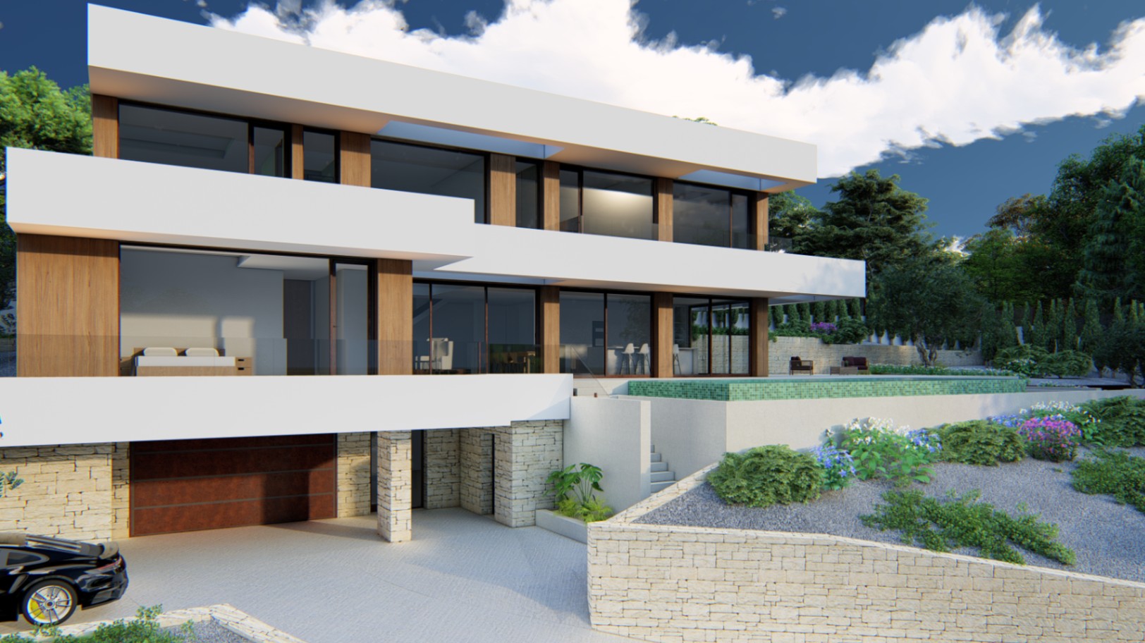 Moderne dreistöckige Fassade mit Holzpaneelen und Natursteinwänden. Mit Infinity-Pool, bodentiefen Fenstern und integriertem Garagenzugang in Altea.