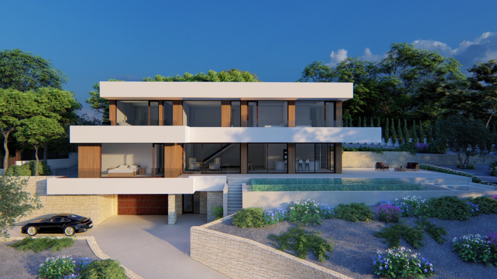Moderne dreistöckige Fassade mit weißen Auskragungen, Holzpaneelen und Natursteinmauern. Mit Infinity-Pool auf einer großzügigen Terrasse und bodentiefen Fensterfronten.
