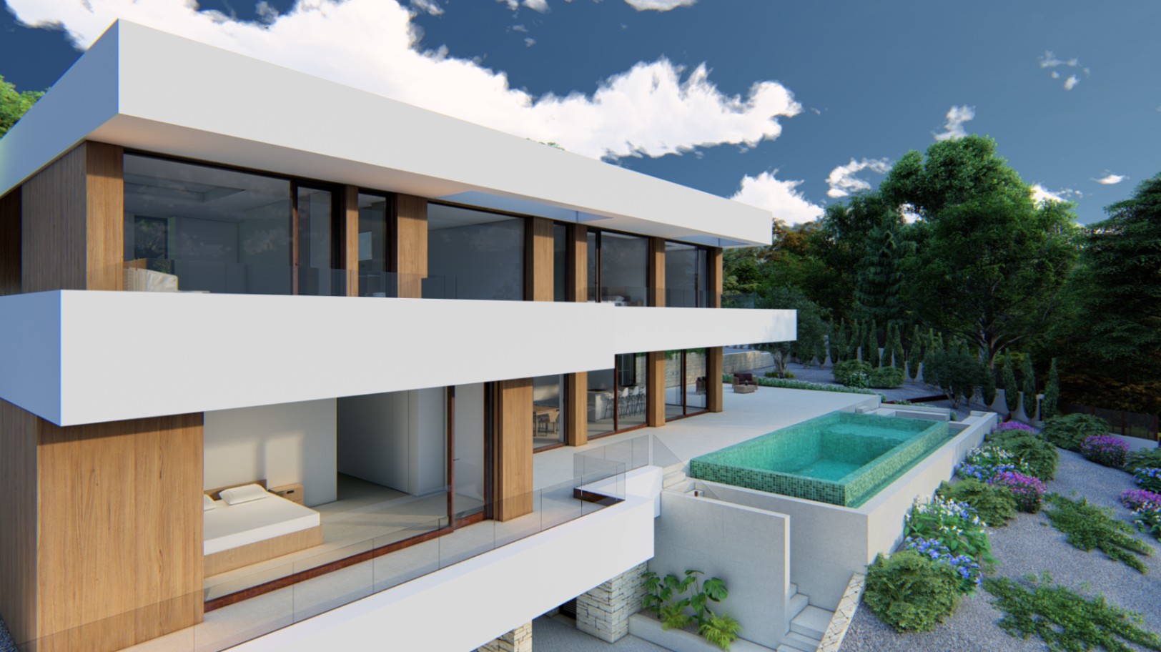 Moderne dreistöckige Fassade mit weißen Auskragungen, Holzverkleidung und einem Infinity-Pool mit türkisfarbenen Mosaikfliesen auf der Hauptterrasse.