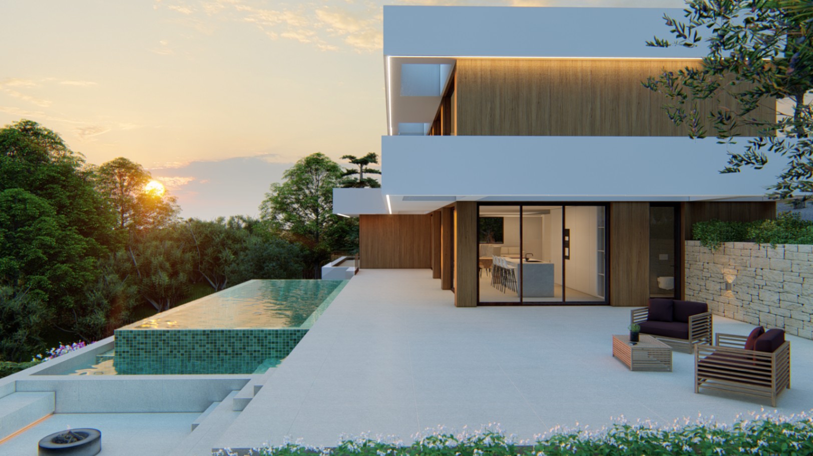 Moderne Fassade mit Holzverkleidung und großen Glasfronten. Die Hauptterrasse umfasst einen Infinity-Pool mit grünen Mosaikfliesen und einen Loungebereich bei Sonnenuntergang.