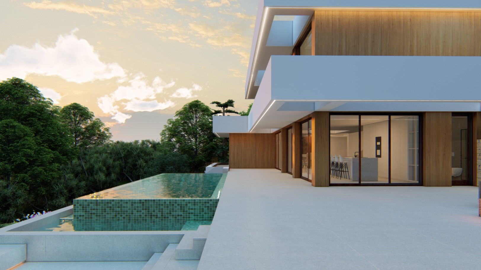Moderne Fassade mit Holzverkleidung und LED-Beleuchtung neben einem Infinity-Pool mit grünem Mosaik und einer weitläufigen Terrasse aus Feinsteinzeug in der Dämmerung.