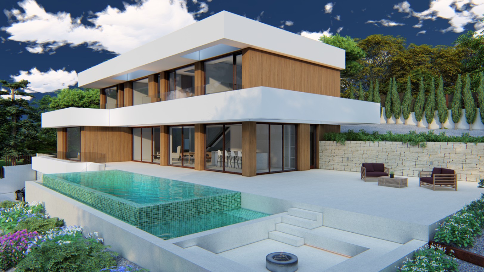 Moderne Villa mit Holzfassade, einem Infinity-Pool mit türkisfarbenen Mosaikfliesen und einer versenkten Feuerstelle auf der großzügigen Terrasse.