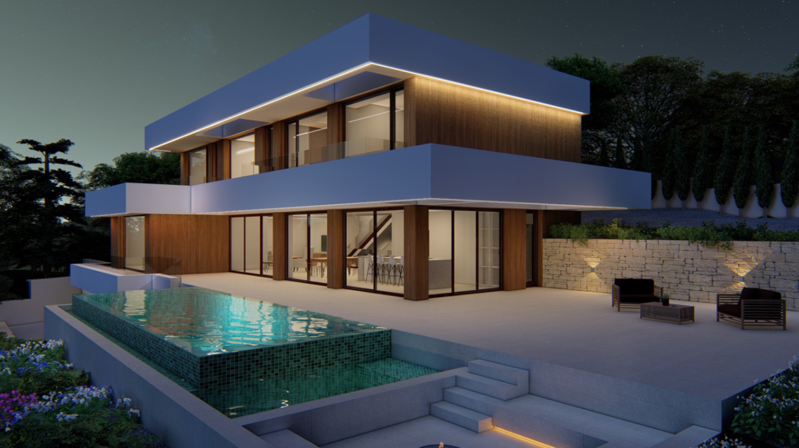 Nachtansicht der Villa mit Holzfassade, Infinity-Pool mit grünen Mosaikfliesen und großzügiger Terrasse mit integrierter LED-Beleuchtung und Loungebereich.