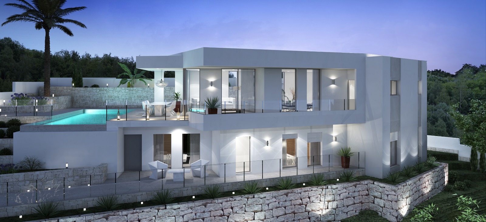 Außenansicht der modernen Villa bei Dämmerung mit weißer Fassade, Natursteinmauern, beleuchtetem Infinity-Pool und Terrassen mit Glasgeländern auf zwei Ebenen.