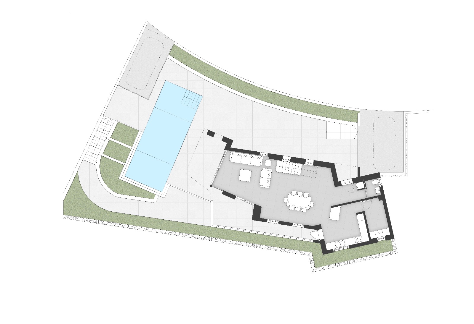 Detaillierter Grundriss der oberen Etage mit offenem Wohnbereich, integrierter Küche und weitläufiger Terrasse mit Infinity-Pool.