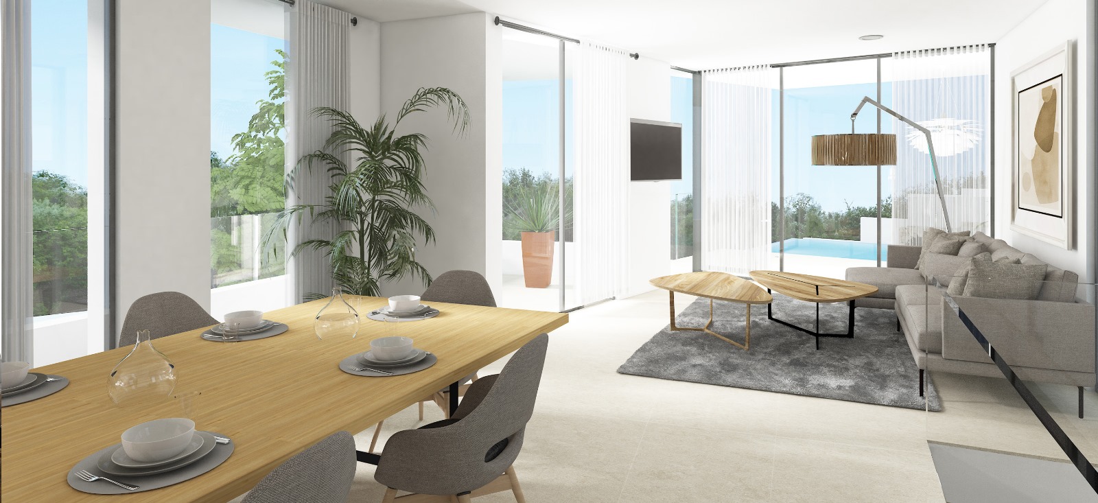 Lichtdurchfluteter Wohn-Essbereich mit hellem Holztisch, modernem Sofa und bodentiefen Fenstern, die den Blick auf die Terrasse und den Pool freigeben.
