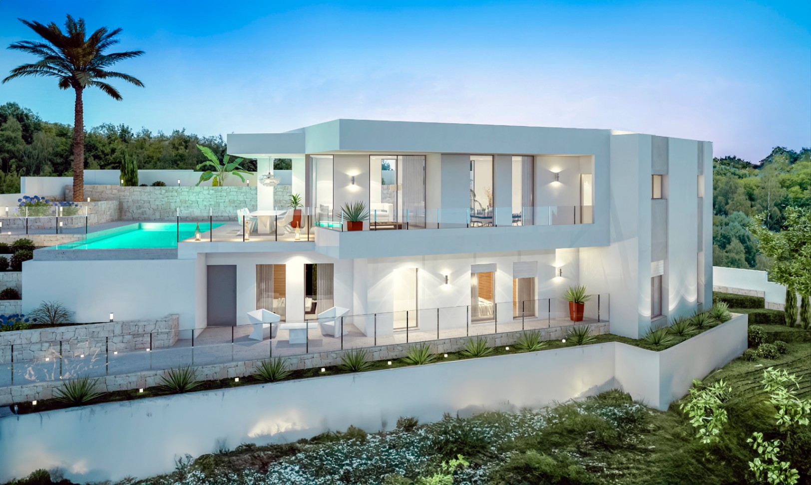 Moderne zweistöckige Villa mit Infinity-Pool auf der oberen Ebene, Glasgeländern und beleuchteten Natursteinmauern in Hanglage.