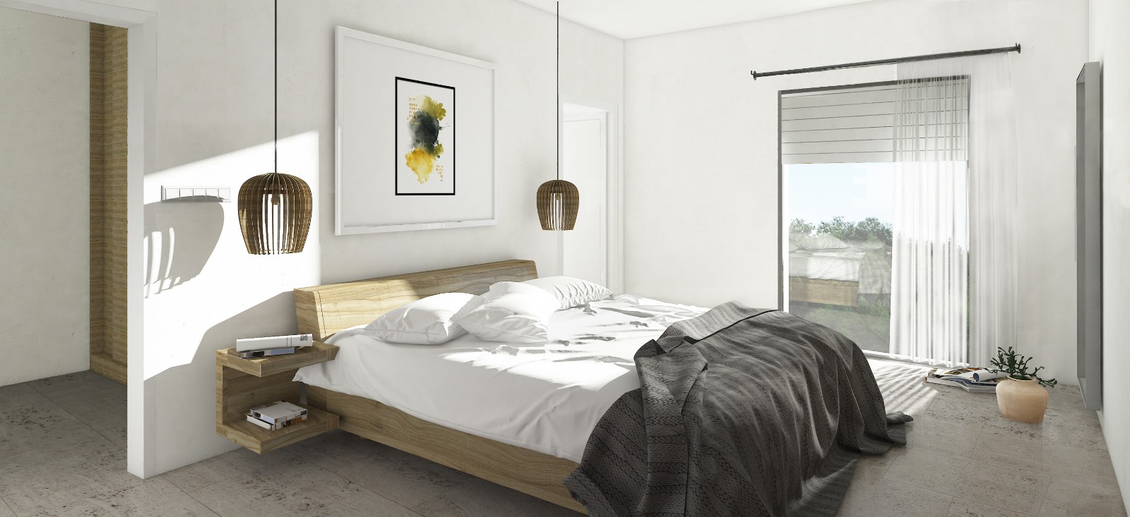 Modernes Schlafzimmer mit Holzbettrahmen, integrierten schwebenden Nachttischen und Designer-Pendelleuchten. Große Fensterfront für natürliches Licht und Blick ins Grüne.
